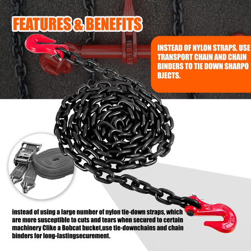 G80 Transport Binder Chain 5/16 Inch x 16 Foot, 4,900 lbs Safe Working Load, Tow Chain with Clevis Hooks