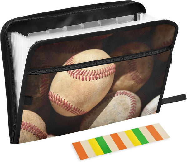 Vintage Baseball File Organizer, 13 Pocket Expanding Folder with Front Pouch, Portable Zipper Document Storage