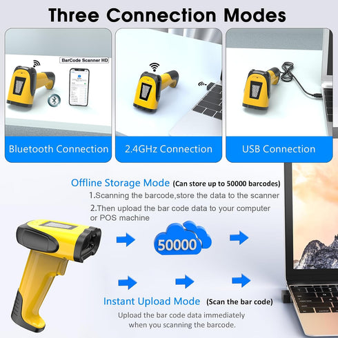 alacrity 1D 2.4GHz Handheld Laser Barcode Scanner, Wireless Bluetooth USB Triple Mode Connection for Retail Warehouse