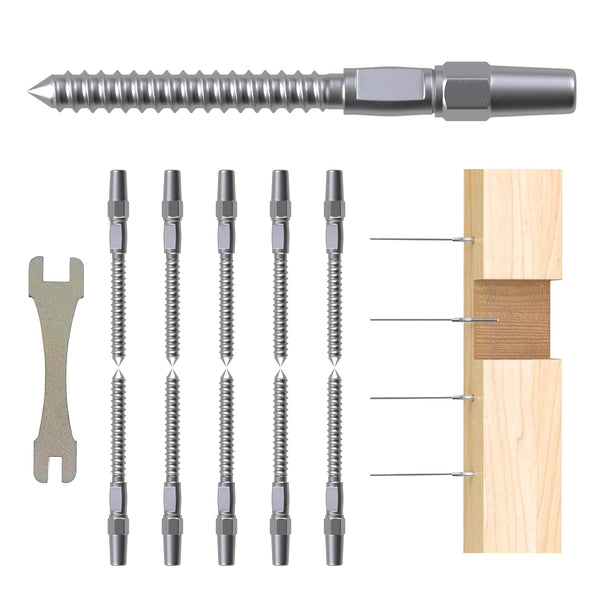 5 Pair Cable Railing Kit, Invisible Crimp Fitting Hardware for Wood Post of 1/8" T316 Steel