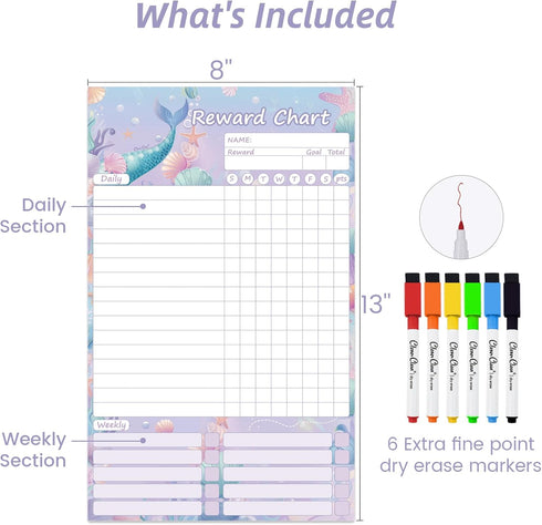 Clever Clean Dry Erase Chores Chart for Kids, Reusable Reward Chart, Non-Magnetic Board with 6 Markers (Mermaid)