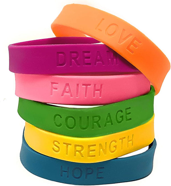 Podzly 48 Motivational Wristbands, Positive Message Rubber Bracelets for Kids, Bulk Silicone Bracelets with