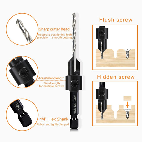 5-pc Woodworking Countersink Counterbore Drill Bit Set for #6 8 10 12 16 Screws, Adjustable Depth