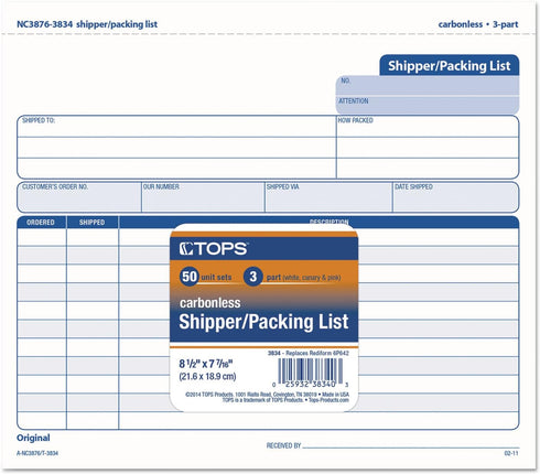 TOPS Shipper/Packing List Form, Triplicate, Carbonless, 8.5 x 7 Inches, 50 Sets Pack (3834), Purple; White