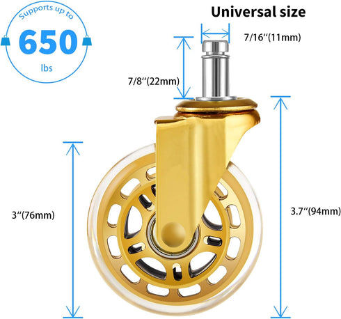 Office Chair Wheels Replacement,(Set of 5) 3'' Caster Wheels Smooth Rolling Heavy Duty Casters Safe for All Floors Including Hardwood - Universal Stem 7/16 Inch, Gold