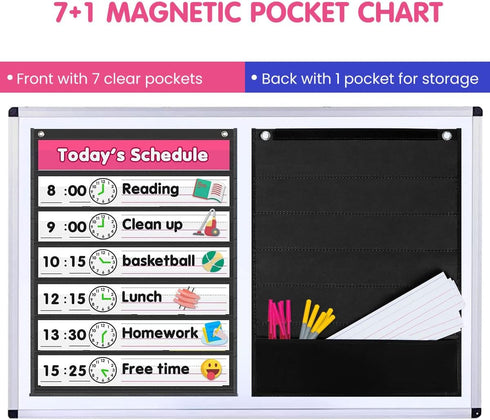 Auchq Magnetic Pocket Chart, Standard Pocket Chart with 7+1 Pockets, 14 Double-Sided Dry-Eraser Cards for Classroom