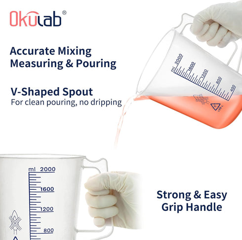 Plastic Beaker Set, 2000ml Measuring Beakers with Handle and Spout, Blue Printed Scales