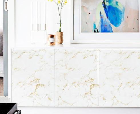 White Marble Contact Paper, 15.7"x78.7", Glossy Peel and Stick Wallpaper with Yellow Marble Grain for Decor