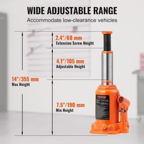 VEVOR 12 Ton Hydraulic Bottle Jack, 26455 LBS, 7.5-14 inch Lifting Range, 3-Section Long Handle for Truck, Car, RV,