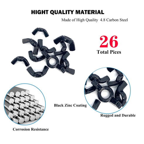 Yoliko 26 4 3/16",1/4",5/16",3/8" Pcs Sizes Wingnuts, Quality Carbon Steel Wing Nuts Black Zinc Plated Fasteners Parts