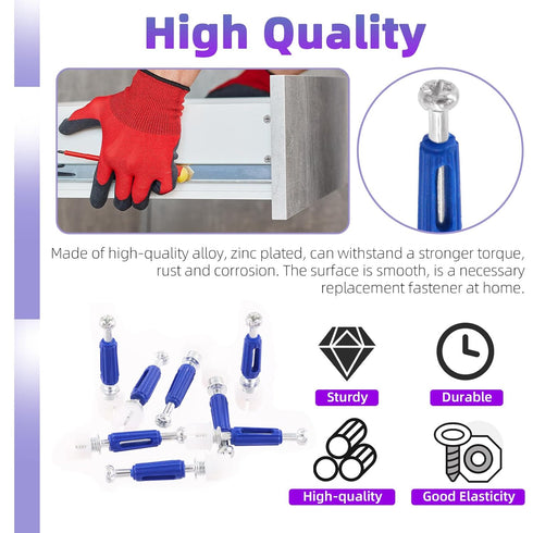 Swpeet 100Pcs 4 Sizes 3 in 1 Furniture Connecting Cam Lock Eccentric Wheels with Blue Dowel Pre-Inserted Bolts