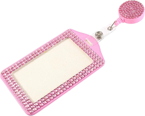 Premium Bling ID Name Badge Holder, Fashion Retractable Pink Crystal Neck Lanyard, Portable Rhinestone Clip for Nurse,