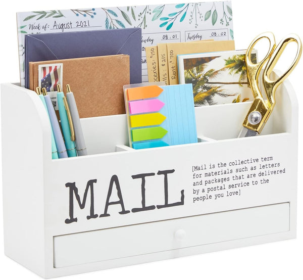 Juvale White Mail Organizer for Desktop, 3-Tier Wooden Sorter with Drawer for Files