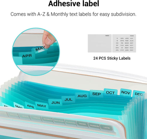 Mukawa 13 Pocket Expanding File Folder, Zipper Accordion File Folder, Expandable Folder with Customized Labels,