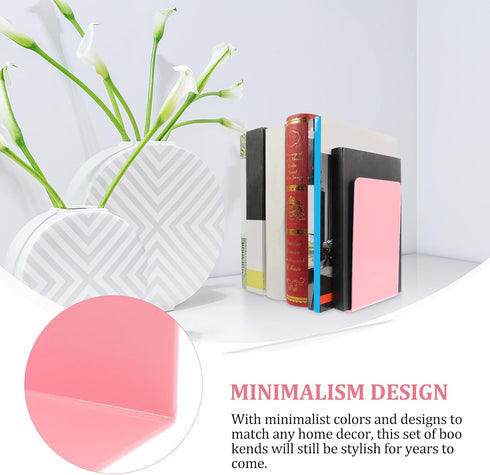 SHINEOFI 2Pcs Pink Plastic Bookends Desk File Book Holders Decorative Reading and Study Book Stands for Office and Home