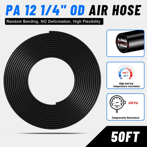 Air Line Tubing Kit, DOT 1/4 Inch OD 50 Feet (15 Meters) PA Air Line and Push to Connect Fittings, 15 Pcs Nylon Hose Tubing Compressed Pipe and Accessories Kit by Taiidaues
