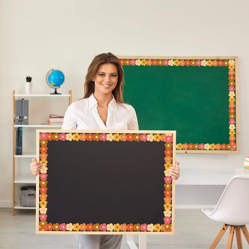 Whaline 32.8ft Groovy Retro Hippie Flower Bulletin Board Borders, Boho Flower Die-Cut Trim for School and Office