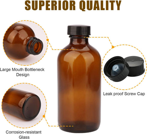 8oz Amber Glass Bottles, 20 Pack with Black Lids, 20 Labels, Funnels, Droppers, and Brush