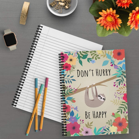 Softcover Be Happy 8.5" x 11" Funny Sloth Spiral Notebook/Journal, 120 Wide Ruled Pages, Durable Gloss Laminated Cover,