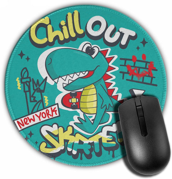 Round Mousepad, New York Cool Dinosaur Boy Cartoon Holding Skateboard Mouse Pads, Non-Slip Rubber Base, 7.87 inches