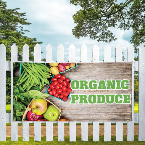 Sign Destination 12inx30in, 4 Grommets, Set 2 Vinyl Banner Sign Organic Produce Restaurant Cafe Bar Marketing