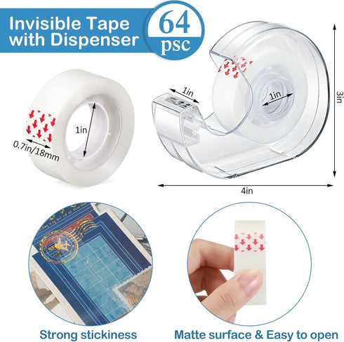 Yahenda 64 Pcs Invisible Tape - Refillable Dispensers, 0.7 x 985 Inches Transparent Tape for Office Home School
