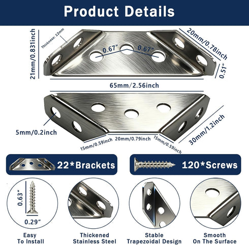 22-Pack 120 Stainless Steel L Bracket with Pieces Self-Tapping Screws, Universal Triangular Support Corner Bracket