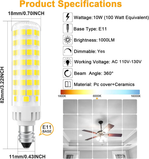 E11 Bulb Dimmable, JDE11 120V 100W T3 T4 6000K 10W 1000lm E11 Bulb Pack 4 Led Halogen Equivalent, Mini Candelabra Base
