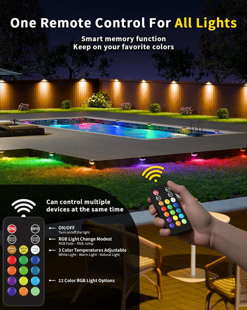50ft,15 Lighting,IP67 Solar Fence Lights with Remote Control Multi Colors Solar Powered Outdoor Step Waterproof Led