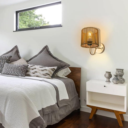 Osasy Small RattanShade Bamboo Lamp Shade,Unique Barrel/Cylinder Shape Hollow-Carved Boho Lampshades for Bedside Table