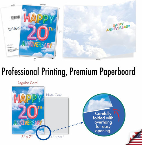 The Best Card Company 20th Milestone Anniversary Card - Envelope for Men, Women, and Couple (Not Actual Balloons)