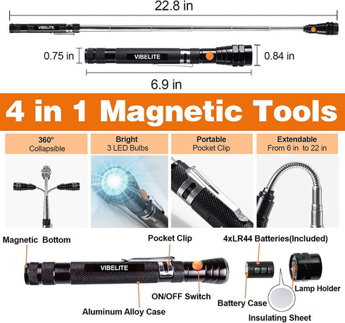 Magnetic Pickup Tool and 6 in 1 Multitool Pen with Touch Screen Stylus, Rulers, Bubble Level, Flathead, Phillips Screwdriver, Ballpoint Pen, Fathers Day Dad Gifts for Men, Handyman, Dad, 2 Pack by VIBELITE