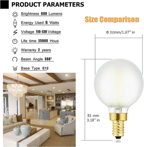 Dimmable g16.5 Bulb e12 g16 1/2 Bulb 60w Bulb 3000K 600lm ac120v 6w g50 Bulb Bulbs 6Pack Leools led Frosted led
