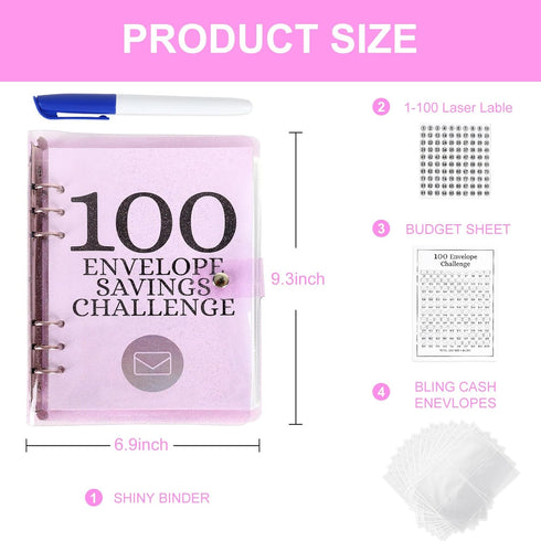 Whaline 100 Envelopes Money Saving Challenge Binder Kit, Easy and Fun Way to Save $5,050, Purple Clear Saving Budget Book with Cash Envelopes, Stickers & Marker Pen by Whaline