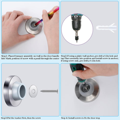 Pangda Concave Wall Door Bumper Stop, Silver Stainless Steel with Gray Round Rubber Protector, 6 Pieces