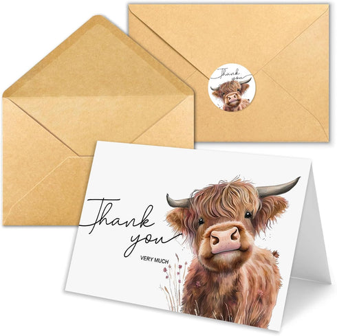 50 Pack Highland Cow Thank You Cards with Envelopes, 4x6 In Farm