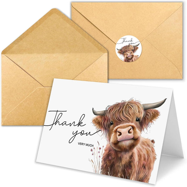 50 Pack Highland Cow Thank You Cards with Envelopes, 4x6 In Farm