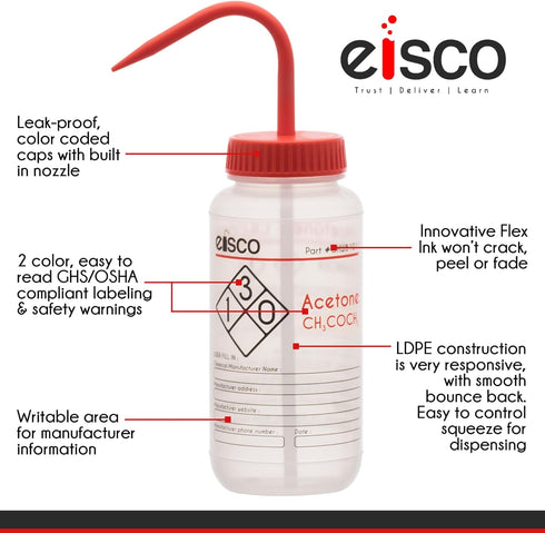 EISCO Wash Bottle for Acetone, 1000ml - Labeled with Color Coded Chemical & Safety Information (2 Colors)