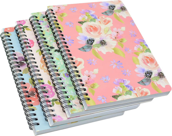Yansanido Spiral Notebook, 4 Pcs A5 Thick Flower Design, Hardcover, 8mm Ruled, 80 Sheets - 160 Pages for Study