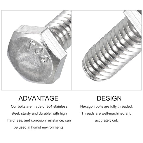 50Pcs Hex Bolts (1/4-20x3/4"), 304 Stainless Steel Fully Threaded Hex Head Machine Screws for Furniture Repair, Silver