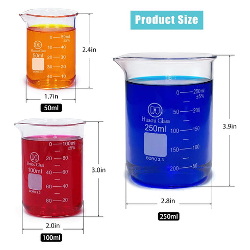 Glass Beakers Set, 50ml 100ml 250ml Lab Glassware Beaker with Double Scale, Low Form 3.3 Boro Science Chemistry Measuring Beakers (3pcs)