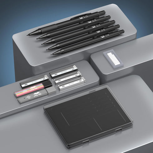 Mr. Pen Metal Mechanical Pencil Set with Lead and Eraser Refills, 5 Sizes, Black, Drawing Mechanical Pencils
