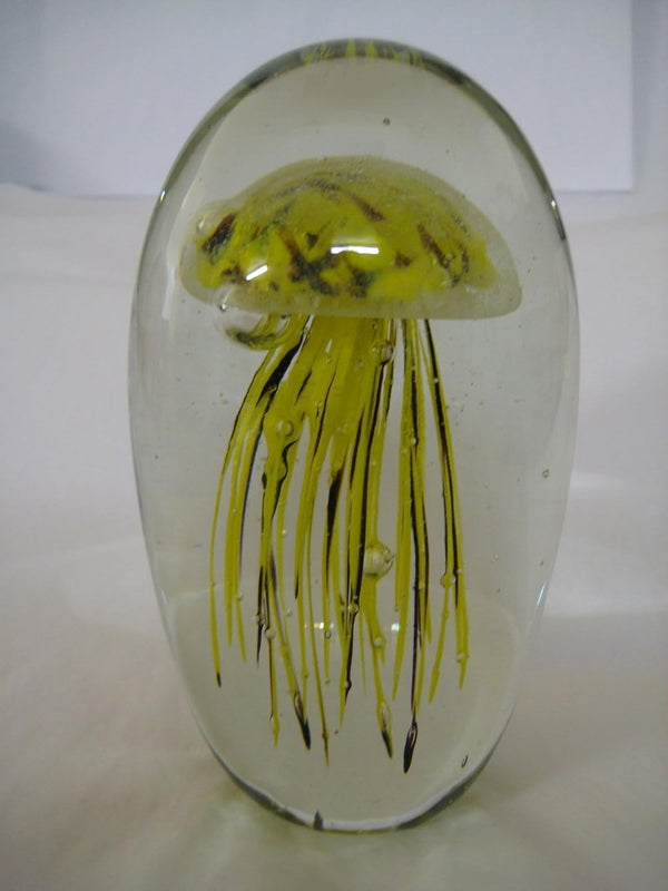 JELLYFISH Yellow/Brown Glass Paperweight 6" (Glow in Dark) - Jelly Fish Paper Weight