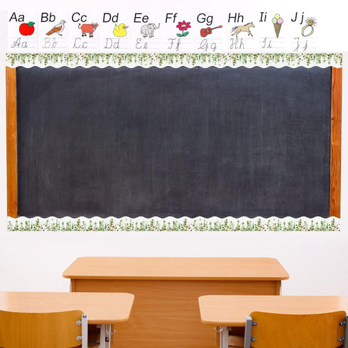 Fancy Land Eucalyptus Die-Cut Border Trim - 36ft Roll, Two-Sided Printed Leaves for Classroom Decor