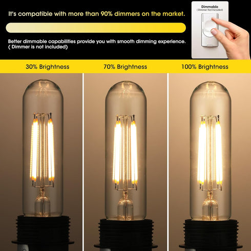 Dimmable E26 Edison Bulb, AC120V Warm White 2700K, 6W Equivalent 60W, 750LM, 5 Inch Long Tubular T10 LED Bulbs, Pack of