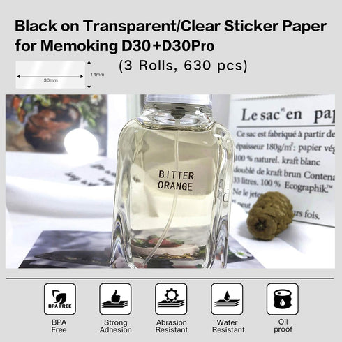 Label Maker Tape - D30 Transparent Clear Label, Waterproof Thermal Printer Tape, 3 Rolls