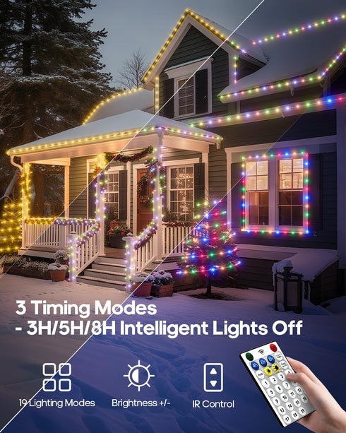 66Ft 200LED 1800mAh 19 IP67 ICRGB Solar Rope Lights Outdoor, Christmas String Lights with Remote, Type C, Modes