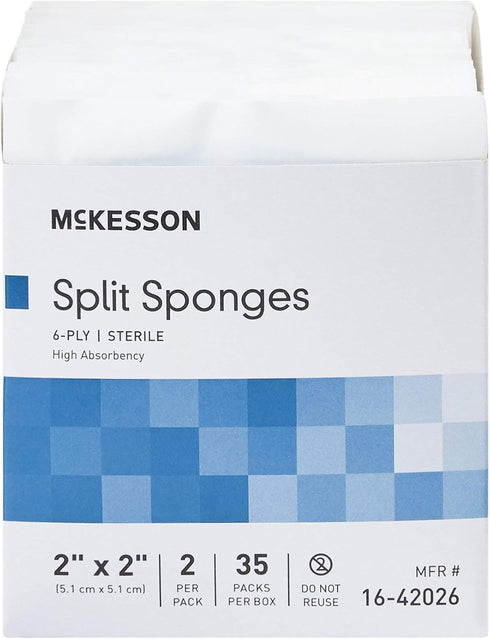 McKesson Split Sponges - 6-Ply Sterile I.V. and Tracheostomy Dressings, 2 in x 2 in, 2 per Pack