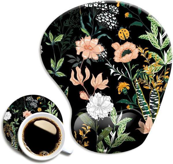 Ergonomic Mouse Pad with Wrist Support, Black Floral Cute Design, Non-Slip PU Base for Home Office Working & Pain Relief