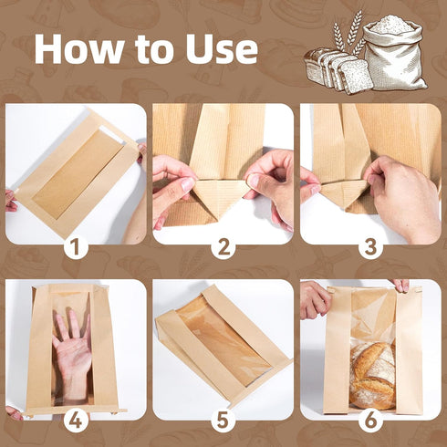 50 Packaging, (50) Funcoo Paper Bread Bags for Homemade Bread, Sourdough Bread Bags Bakery Bags with Window/Tin Tie Tab